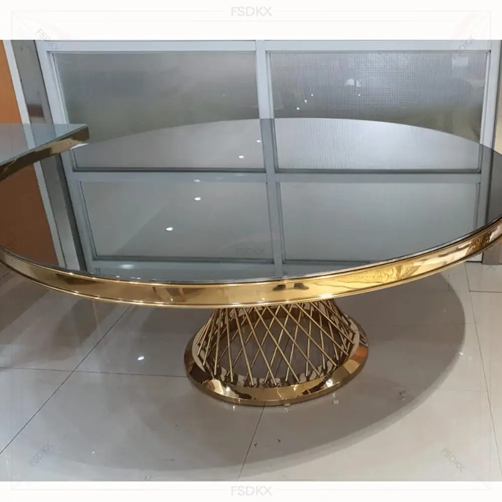 

Wedding Party Event Dining Room Home Furniture Luxury Round Glass Top Gold Planted Stainless Steel Frame Dining Table