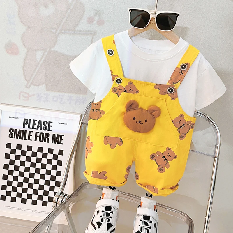 Baby Boys and girls Clothing Summer Suit New Children's Fashion Girl Cartoon Bear print Strap Pants Short Sleeve Two Piece Set