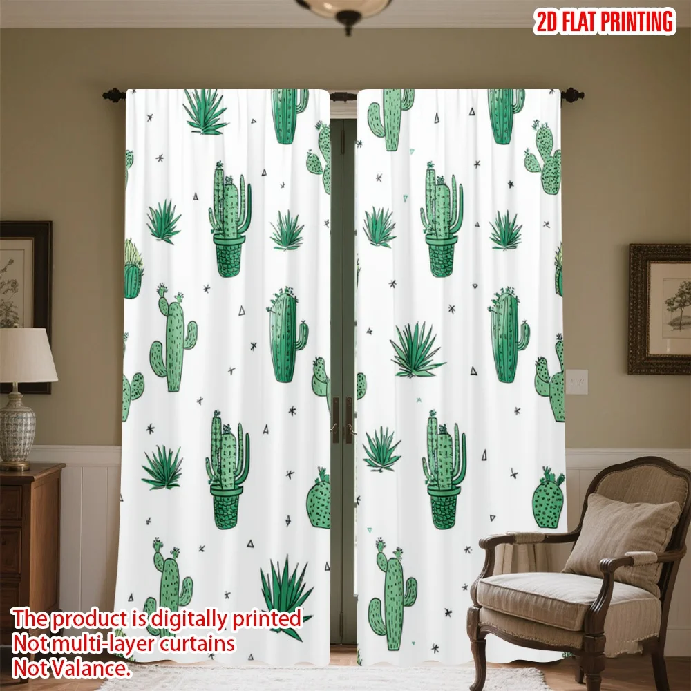

2D flat printing 2pcs Party Curtain Green Cactus Doodles Digital Printed Polyester Drapes Family Party Use for Holiday Portraits