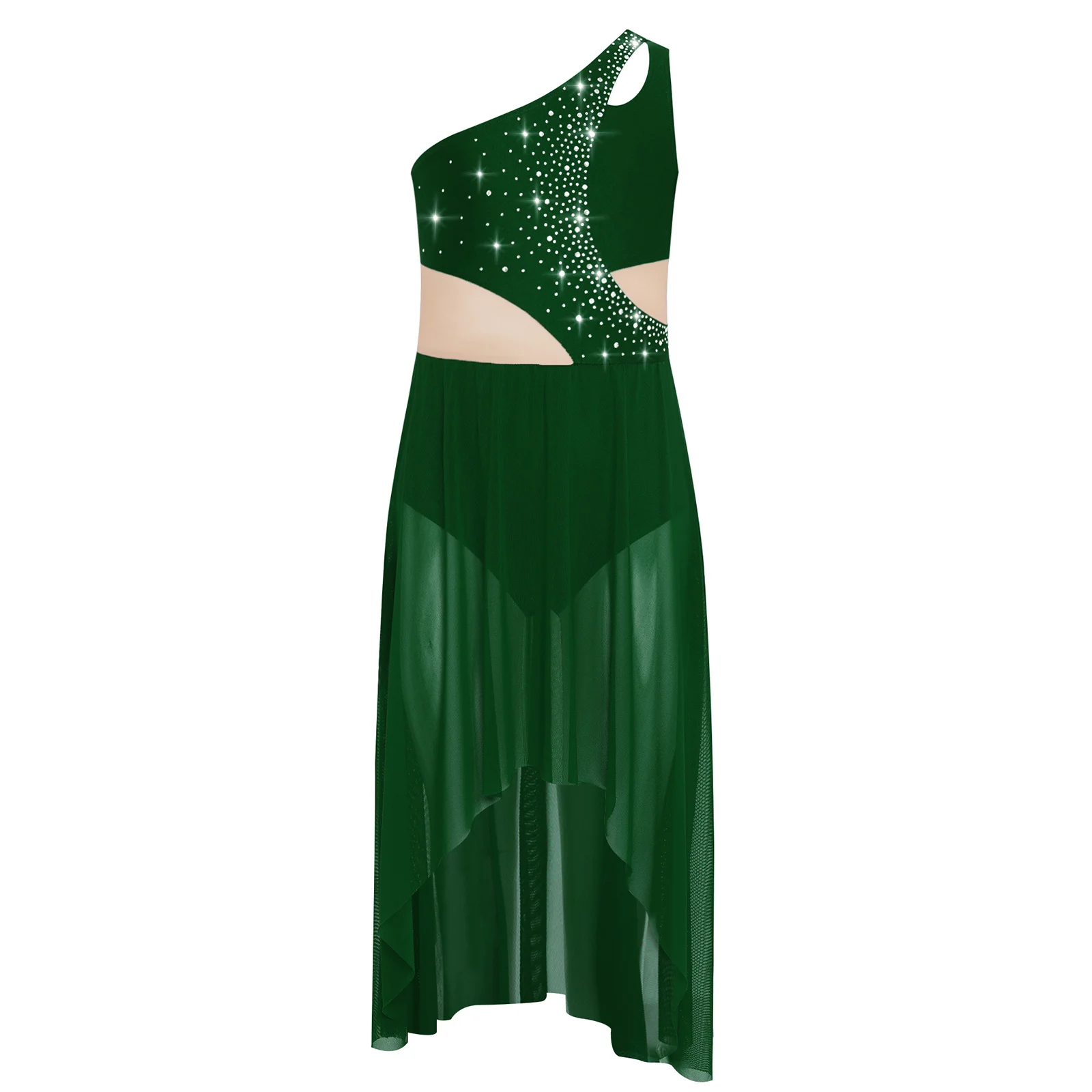 

Girls Lyrical Modern Dance Dress Stage Performance Costume Figure Skating Cutout Patchwork Side Split Sheer Mesh Maxi Dress