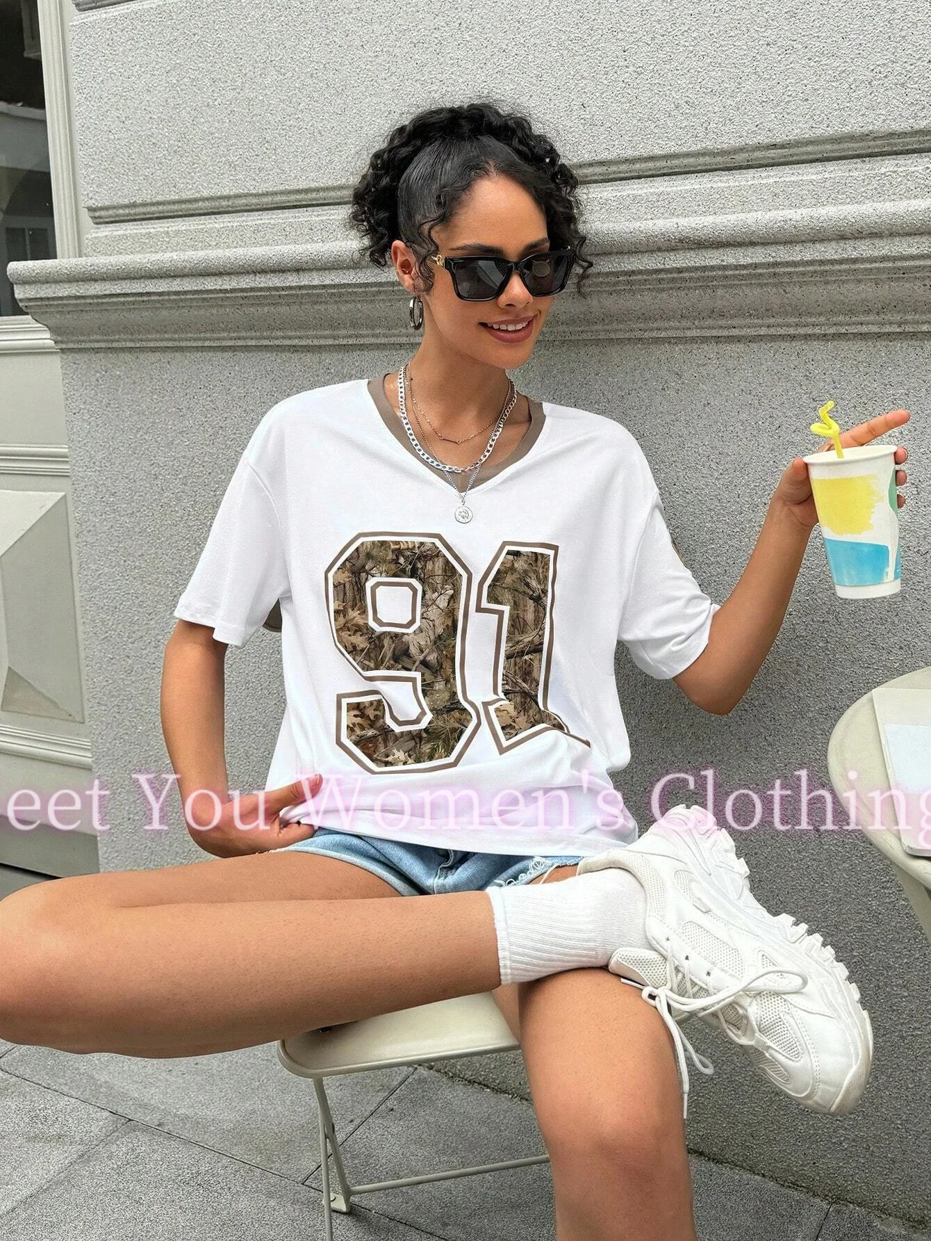 Number 91 Printing  T-Shirt  Women Summer sexy Oversized V-neck Tee Harajuku Trend Short Sleeve Female Streetwear Womens Tops