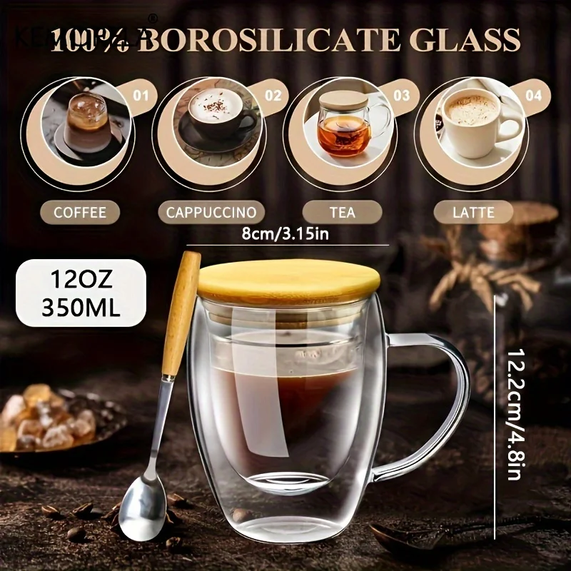 2PCS Transparent Double Layer Glass Cup With Wooden Cover Spoon Household Coffee Mug 350/450ML Coffee Cappuccino Espresso Cup