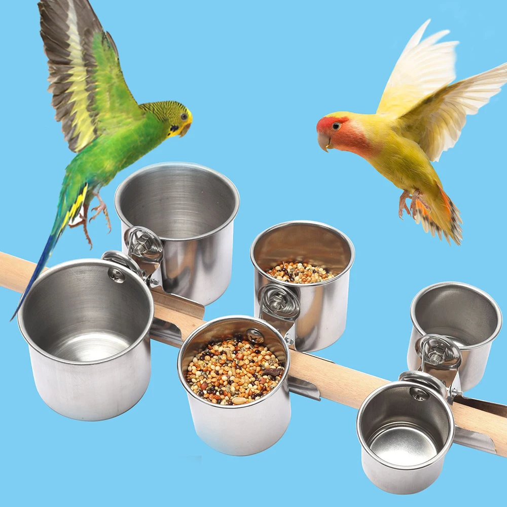 

Bird Feeder Cup with Clip Stainless Steel Double Cups Parrot Feeding Food Water Bowl Bird Cage Feeder Accessories Pet Supplies