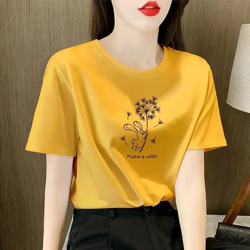 100% Cotton T-Shirt Women 2024 New Loose Trend Fashion Short-Sleeved Round Neck T-Shirt Casual Simple Korean Printed T Shirt