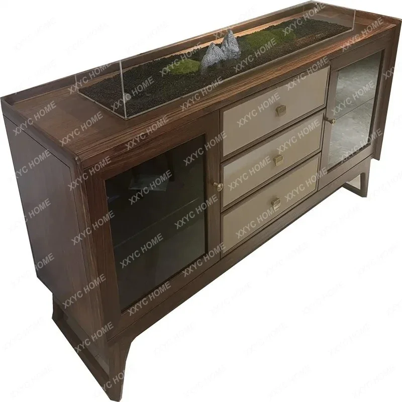 HMJdining side cabinet, ebony all-solid wood living room locker, modern simple tea cabinet, household integrated against the wal