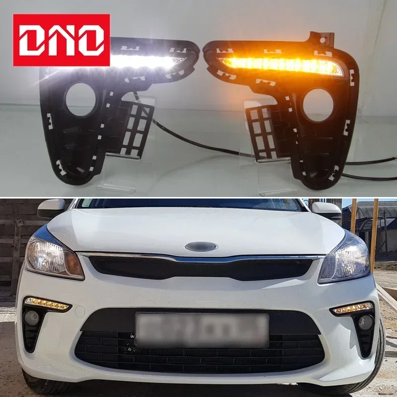 

Car LED DRL 12V Daylights For Kia Rio K2 2017 2018 Yellow Turn Signal Daytime Running Headlamps Auto Driving Lamp Foglamps