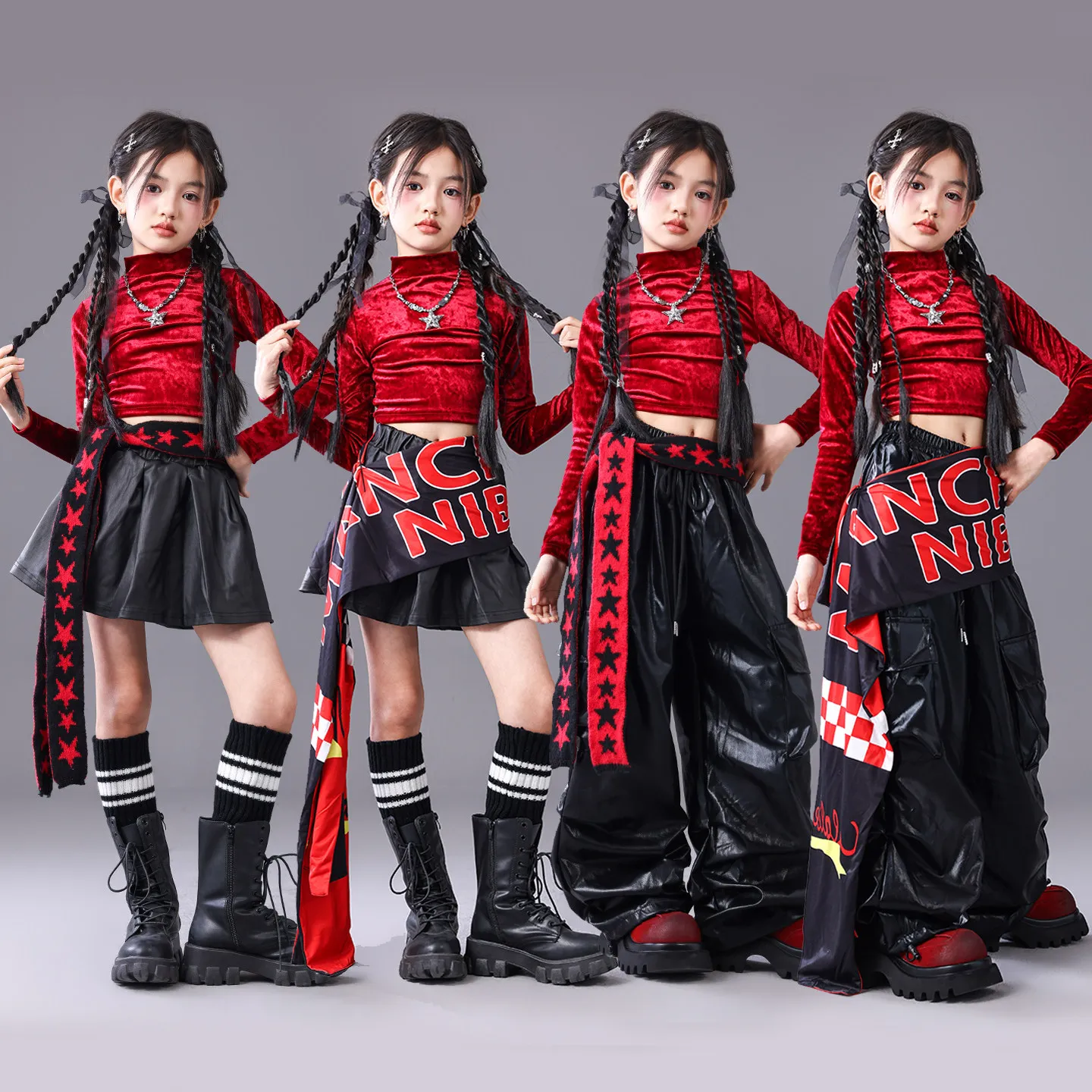 

Children'S Street Wear Kpop Stage Outfits Red Velvet Top Leather Pants Girls Jazz Dance Costume Kids Hip Hop Clothing XS10874