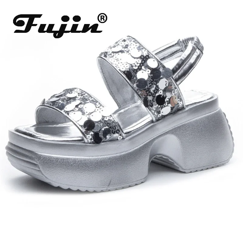 Fujin 7cm New Microfiber Synthetic Leather Flats Summer Peep Toe Fashion Bling Women Sandal Slippers Pumps Platform Wedge Shoes