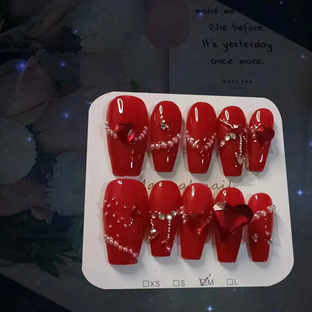 Fashionable Red False Nails with Shiny Rhinestones Pearls Metallic Decor Durable Formal Events Manicure