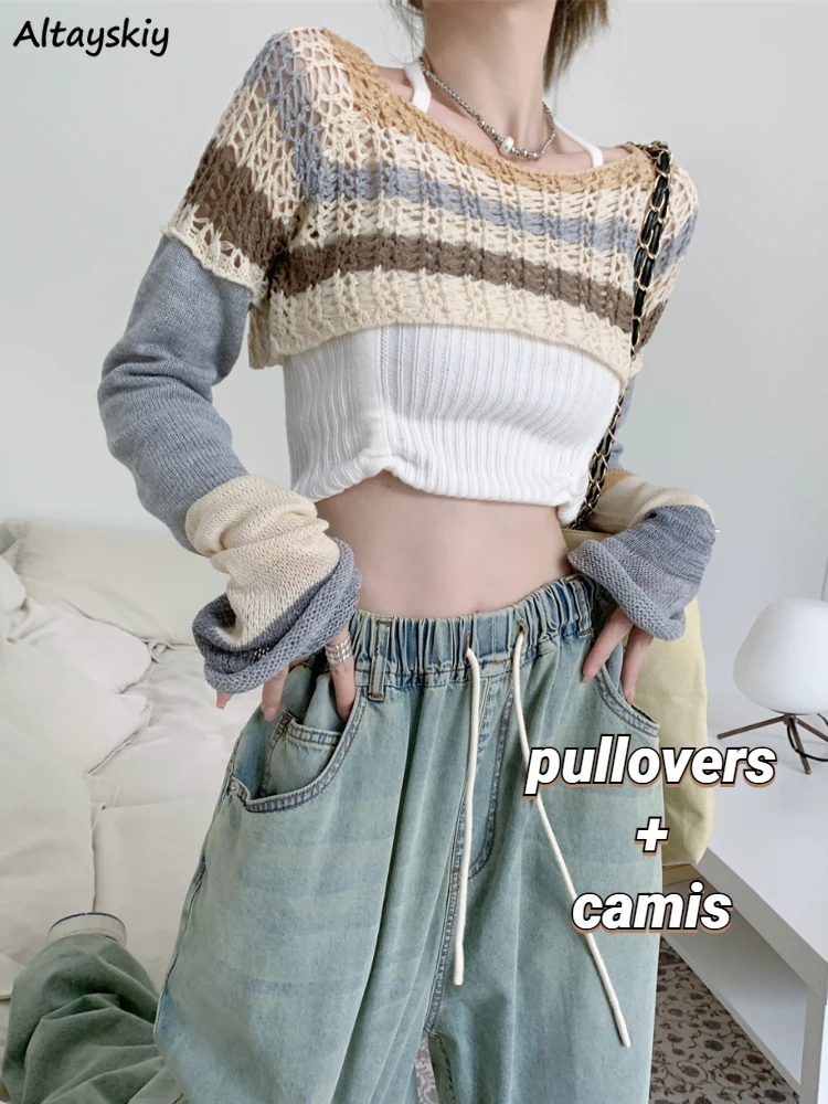 

Women 2 Pieces Sets Cropped Pullovers Halter Camisole Striped Slim Cool Holiday Tender Girlish Retro Harajuku Sweet Outfits Chic