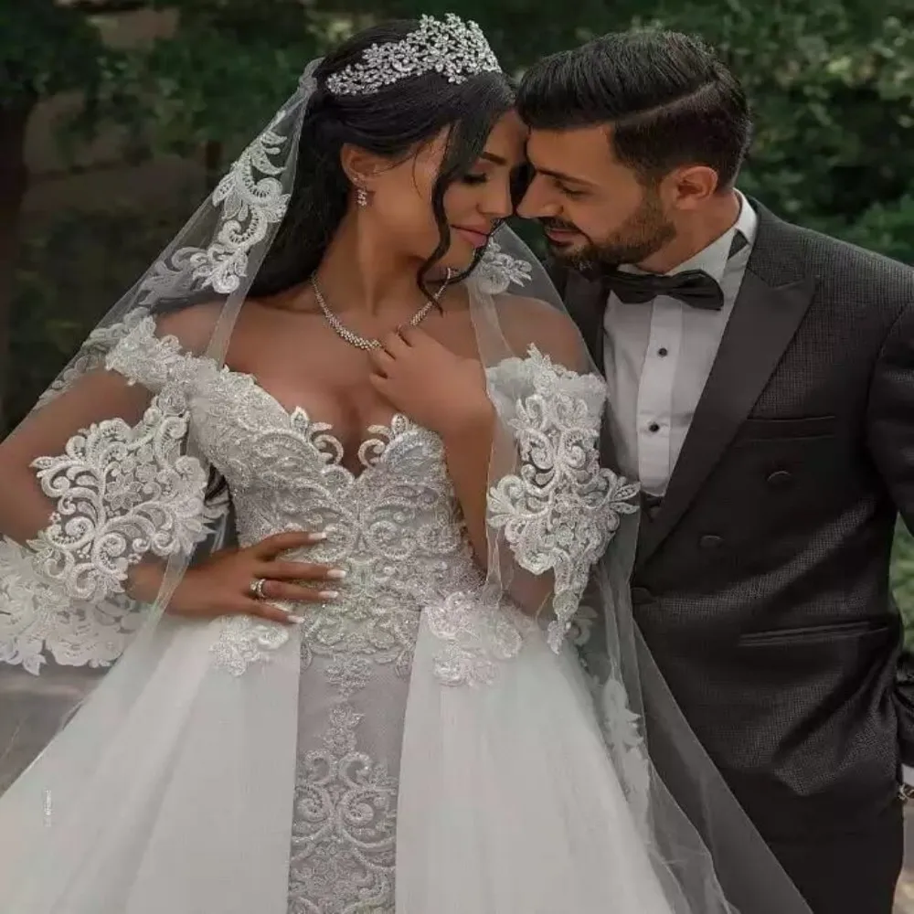 Rendas de luxo fora do ombro vestidos de casamento trem destacável vintage apliques dubai vestidos de noiva para a noiva robe de mariée 2023