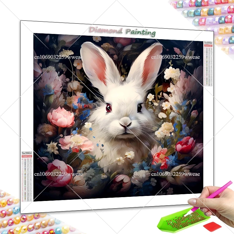DIY Diamond Embroidery White Rabbit Diamond Painting By Numbers Floral Animal Mosaic Full Rhinestones Needlework Handmade Gift