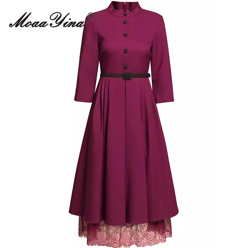 

MoaaYina Fashion Runway Autumn Winter Dress Women's Stand Collar Three Quarter Sleeve Button Lace-UP Commuter Dress