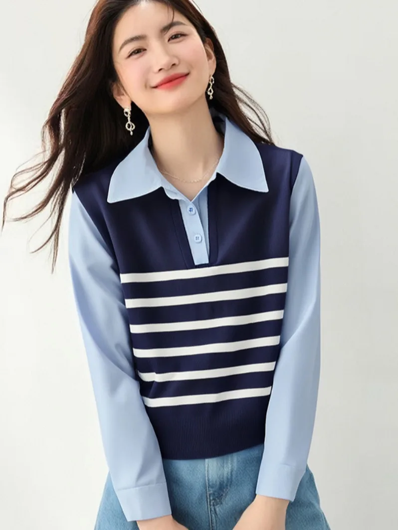 

Модный полосатый трикотажный топ с длинными рукавами для женщин, с лоскутным дизайном, осенняя новинка, имитация двухслойности, элегантный стиль