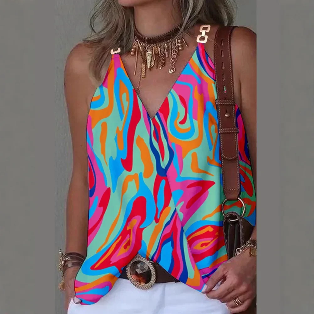 Women V Neck Cami Top Heart Print Metal Buckle Strap Wrap Front Sleeveless Casual Ladies Summer Tank Tops