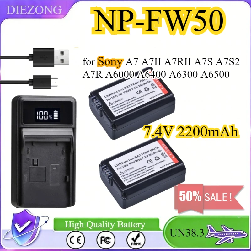 2000mAh Camera Battery for Sony NP FW50 Battery+LED USB Dual Charger for Sony A7 A7II A7RII A7S A7S2 A7R A6000 A6400 A6300 A6500