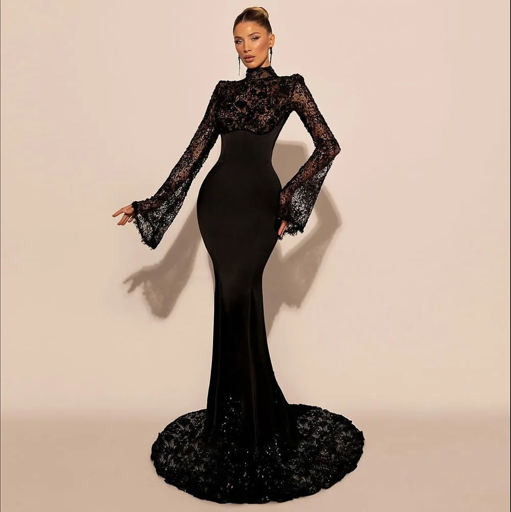 

Charming Black Evening Dresses Saudi Arabic Long Sleeves Lace Beaded Mermaid Prom Gowns Luxury Customized