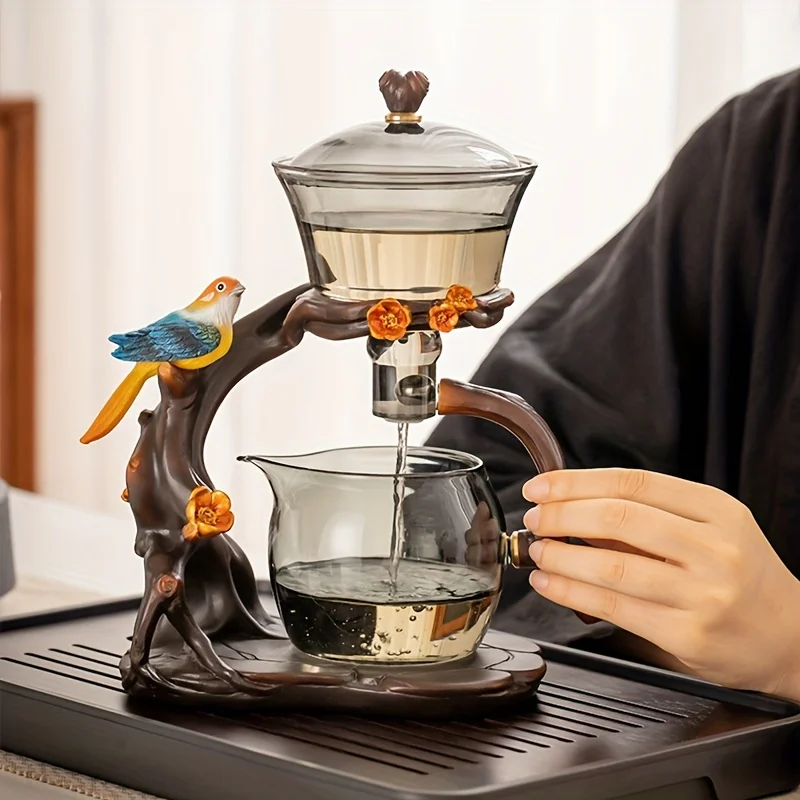 1 Set of Magpie,Lazy Kung Fu Tea Set, Glass Tea Set,Semi-Automatic Drip Glass Teapot Set,Tea Tray, Tea Canister