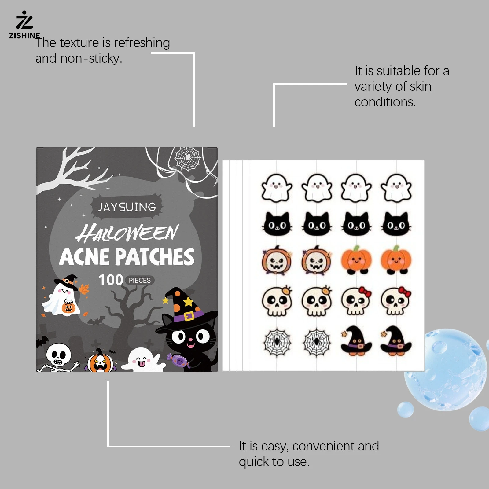 100pc Halloween Hydrocolloid Acne Patches, Pumpkin and Bat Shaped, Alcohol-Free and Fragrance-Free, Suitable for All Skin Tones