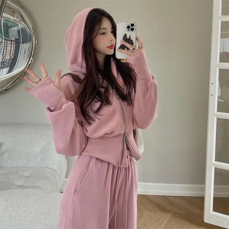 

New Women Two Piece Set Solid Color Hooded Zipper Short Cardigan and Sweatpants Korean Style Fashion Casual Female Tracksuit 2XL