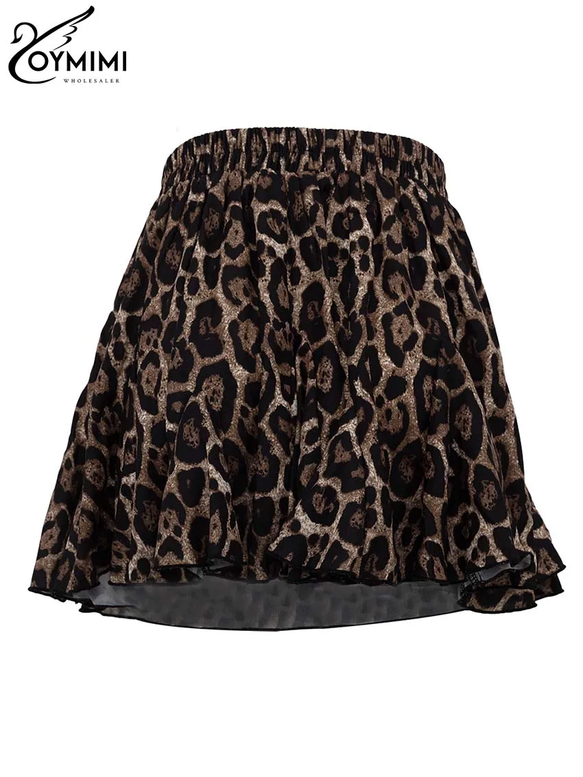 Oymimi Fashion Brown Leopard Print Skirts For Women Casual New High Waisted Pleated Skirts Elegant Slim Mini Skirt Streetwear