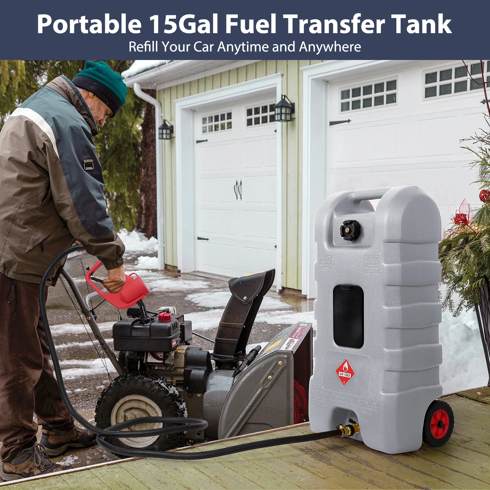 15 Gallon Fuel Caddy, Portable Gas Fuel Tank Container with LE Fluid Transfer Siphon Pump and Hose, Diesel Storage Can On-Wheels