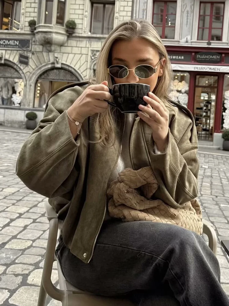 Giubbotti bomber oversize verdi da donna vintage 2025 Giacca da donna alla moda elegante e morbida per abiti chic femminili da festa