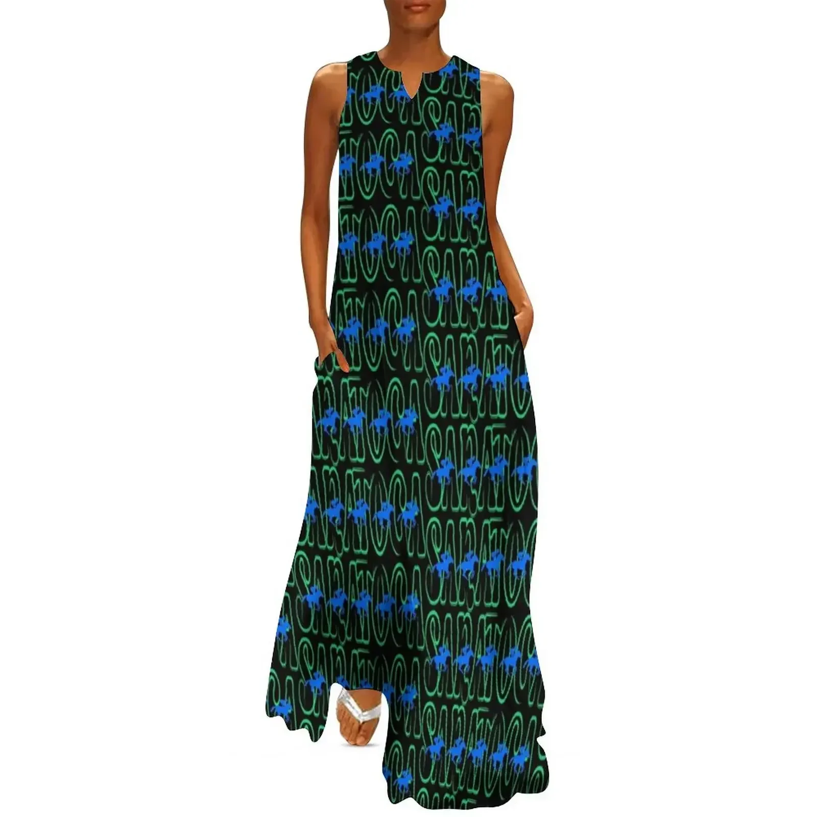 

Saratoga Racehorses Green and Blue Long Dress cocktail dresses womens clothing Women's skirt Clothing Dress