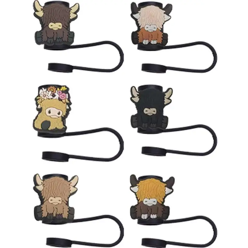 Cow Straw Toppers For Tumblers 6X Funny PVC Reusable Straw Covers Highland Cow Reusable Straw Tips Cover Dust-Proof Straw