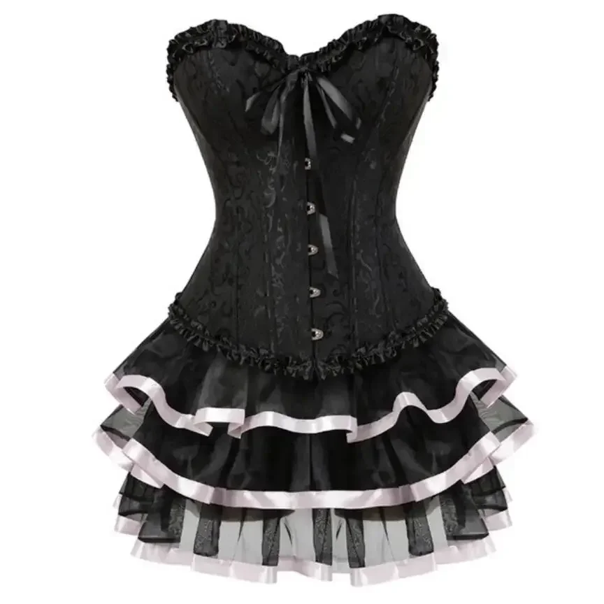 Corset Dress Bustier Skirts Top Set Plus Size Women Gothic Victorian Lolita Costume Corsets Overbust Vintage Lingerie Lace Sexy