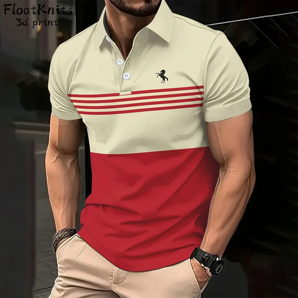 

Minimalist Striped Print Polo Shirts for Men Summer New Men's Clothing Horse Graphic Short Sleeve Tee Business Lapel Polo Shirt