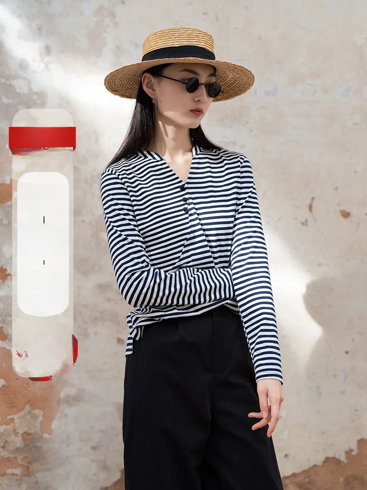 

Original Blue White Stripes V-Neck Knitted Sea Soul Shirt Lightweight Chinese Style Fashionable Women's Cotton Long Sleeve Cr...