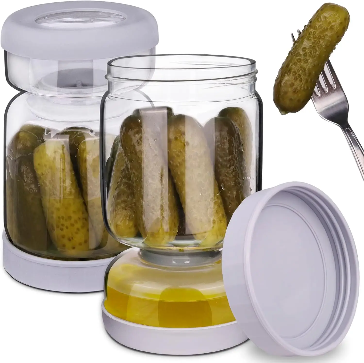 Tarro para encurtidos, tarro de aceitunas con forma de reloj de arena, separador de jugo de encurtidos (líquido y sólido), tapa de ABS de grado alimenticio mejorada y sin BPA