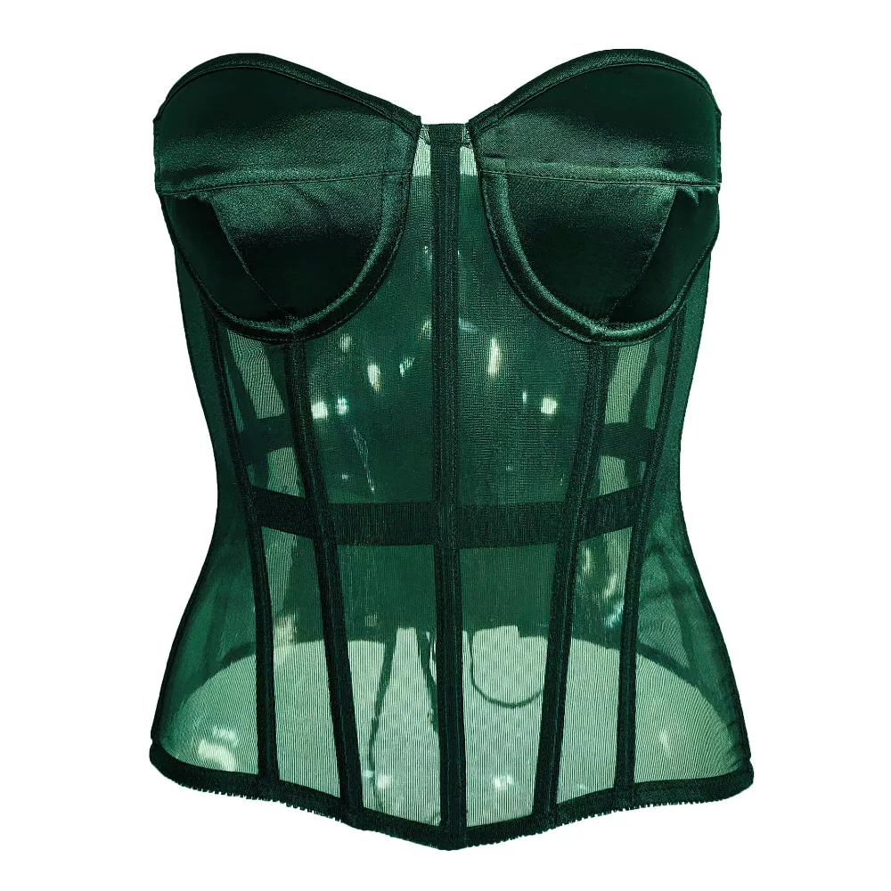 

Women Corset Bustier Transparent Mesh Bra Push Up Slimm Waist Lase Up Boned Tops Green Bodice Crop Top Lingerie