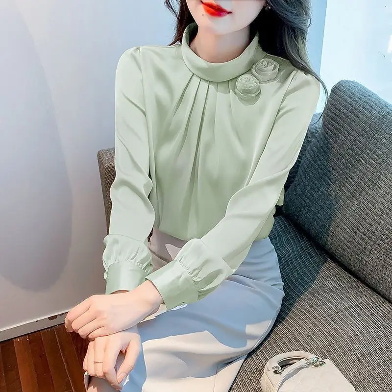 Elegant Solid Color Spliced Flowers Folds Blouse Women Clothing 2022 Autumn New Loose Casual Pullovers Fashion Office Lady Shirt