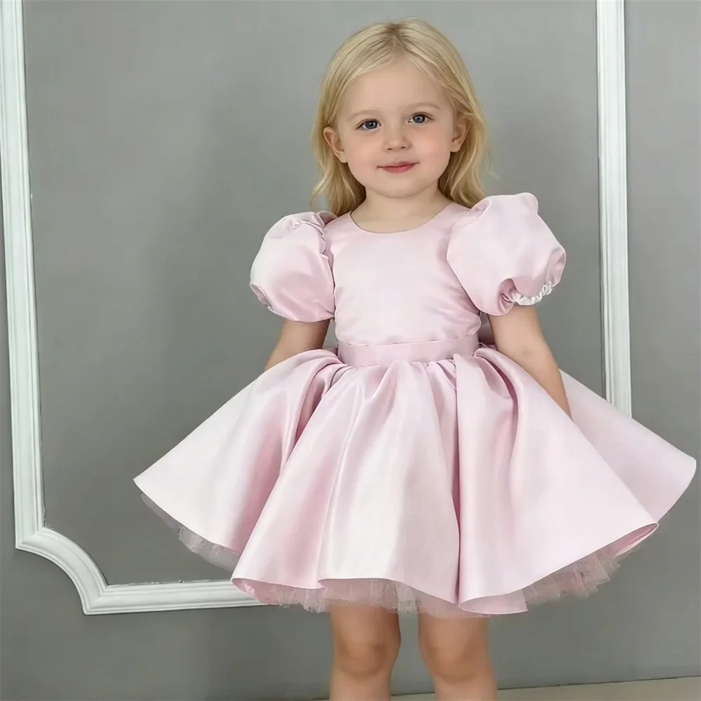 

Princess Puff Sleeve Pink Flower Girl Dress Bow Tulle Knee Length Customized Luxury First Communion Dress New 2026