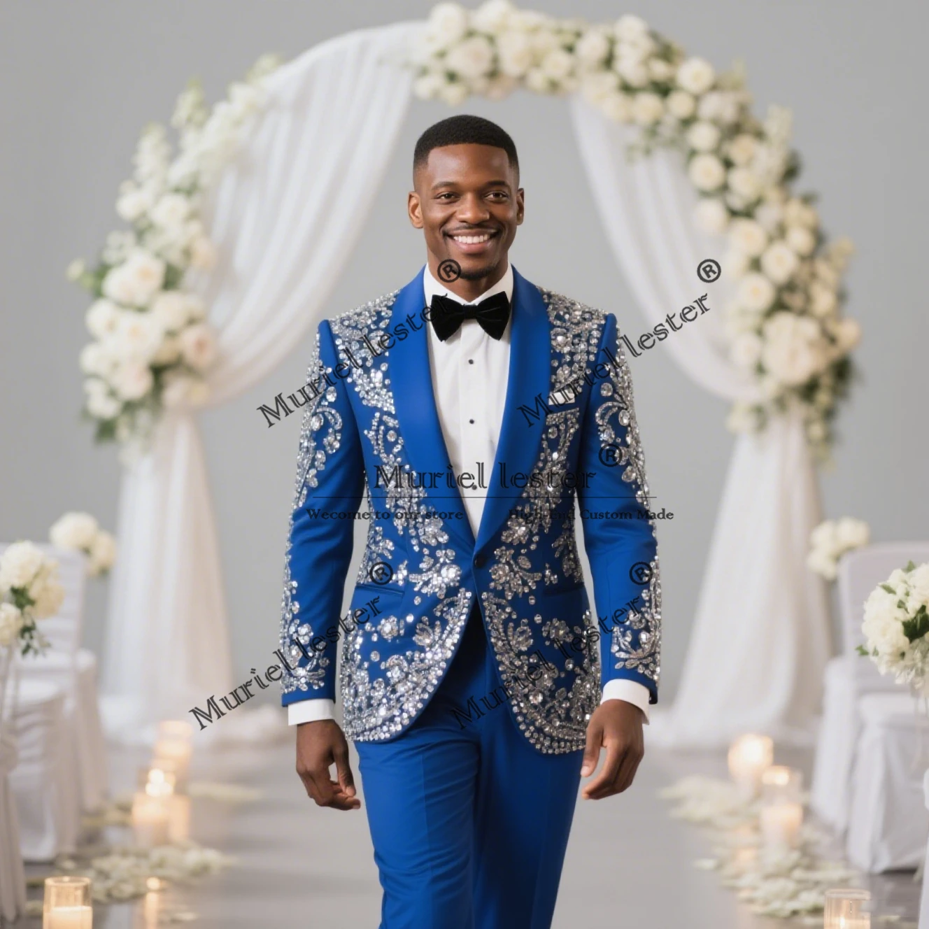 

Rhinestones Jewelry Beaded Suits Men For Wedding Shawl Lapel Prom Tuxedos Customized 2 Pieces Groom Dinner Dress traje de hombre