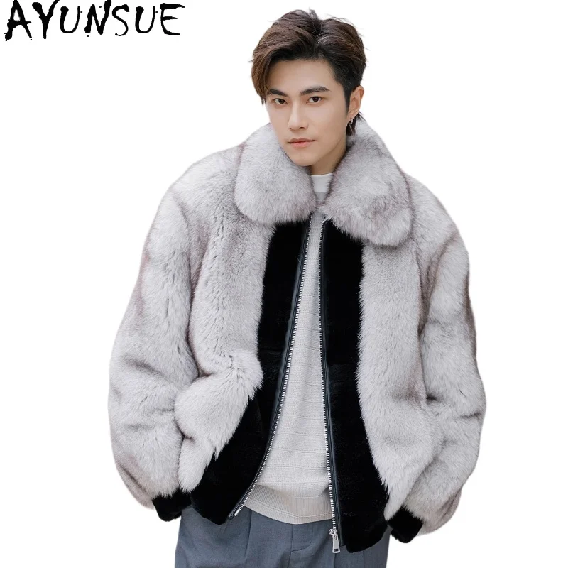AYUNSUE High-end Imported Blue Fox Fur Coat Man Autumn Winter Luxury Natural Fox Fur Jacket Spliced Rex Rabbit Fur Jackets Coats