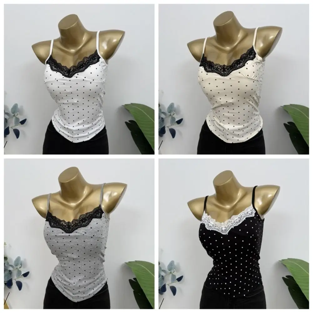 

Lace Ruffled Dots Sling Vest Top Tank Sleeveless Camisole with Pads Spicy Girl Style Bottoming Shirt Y2K Slim Crop Top Summer