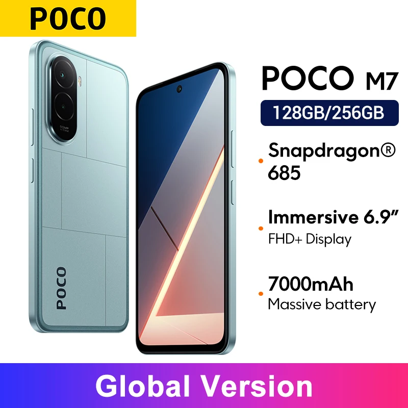 POCO M7 5G الإصدار العالمي سنابدراجون ®   هاتف ذكي 685 بشاشة 6.9 بوصة 144 هرتز FHD + DotDisplay كاميرا 50 ميجابكسل وبطارية 7000 مللي أمبير في الساعة Xiaomi HyperOS 2 NFC
