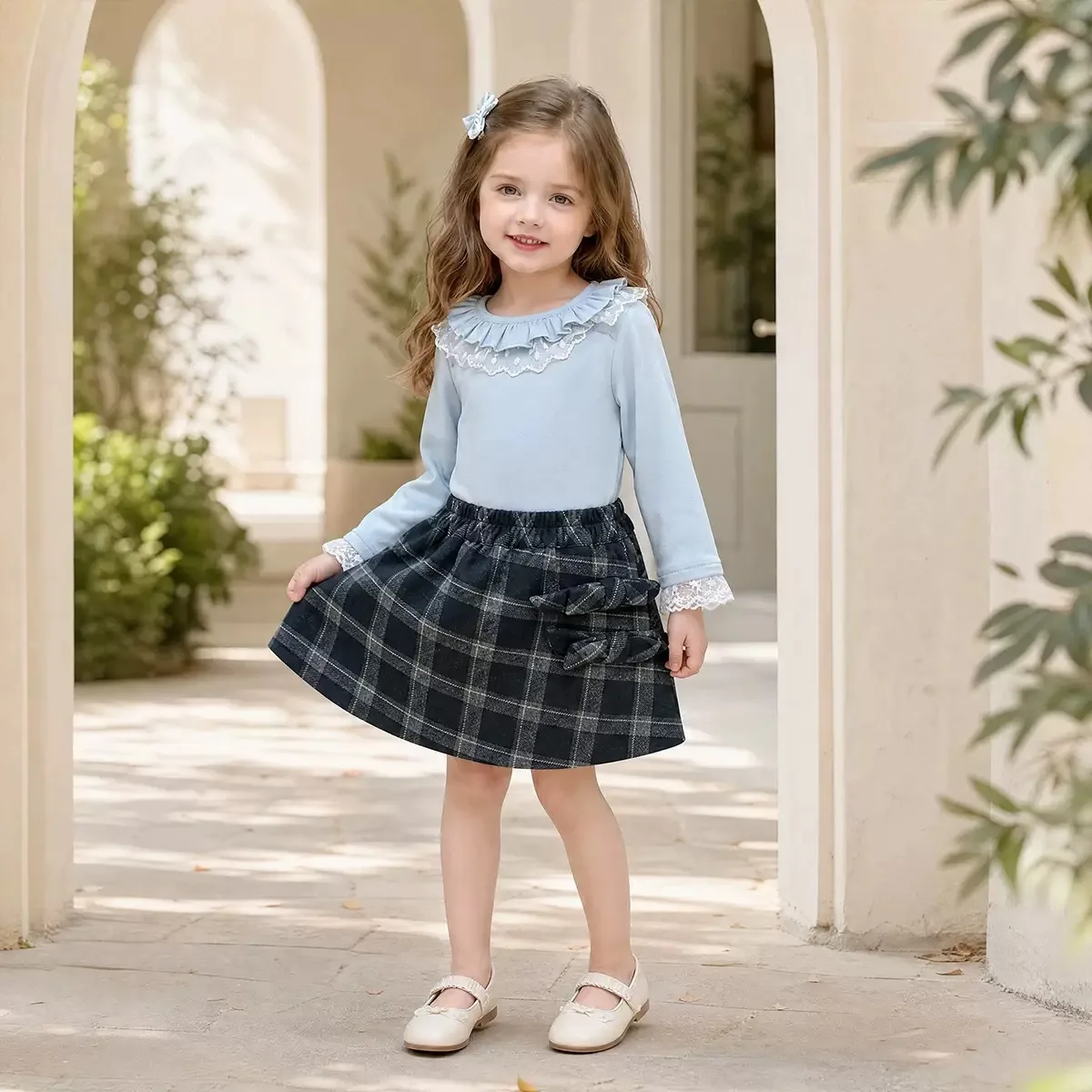 2026 Spring and Autumn Girls' Long Sleeve Lace Collar Bottom Shirt Fashion Bow Grid Half Skirt