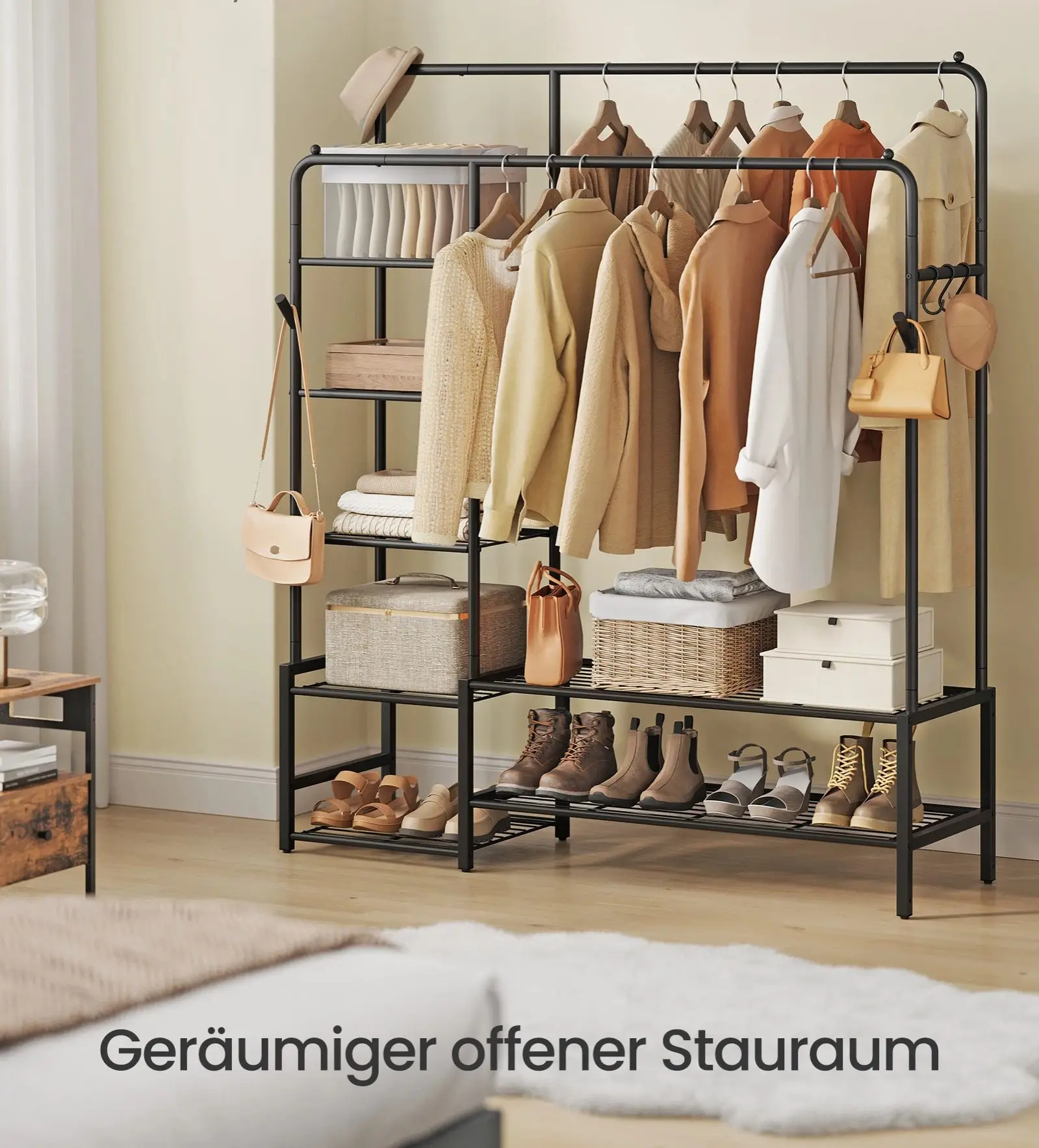 SONGMICS Kleiderständer, offener Kleiderschrank, Garderobenständer mit 7 Ablagen, Metallrahmen, Kleiderstange, Wohnzimmer