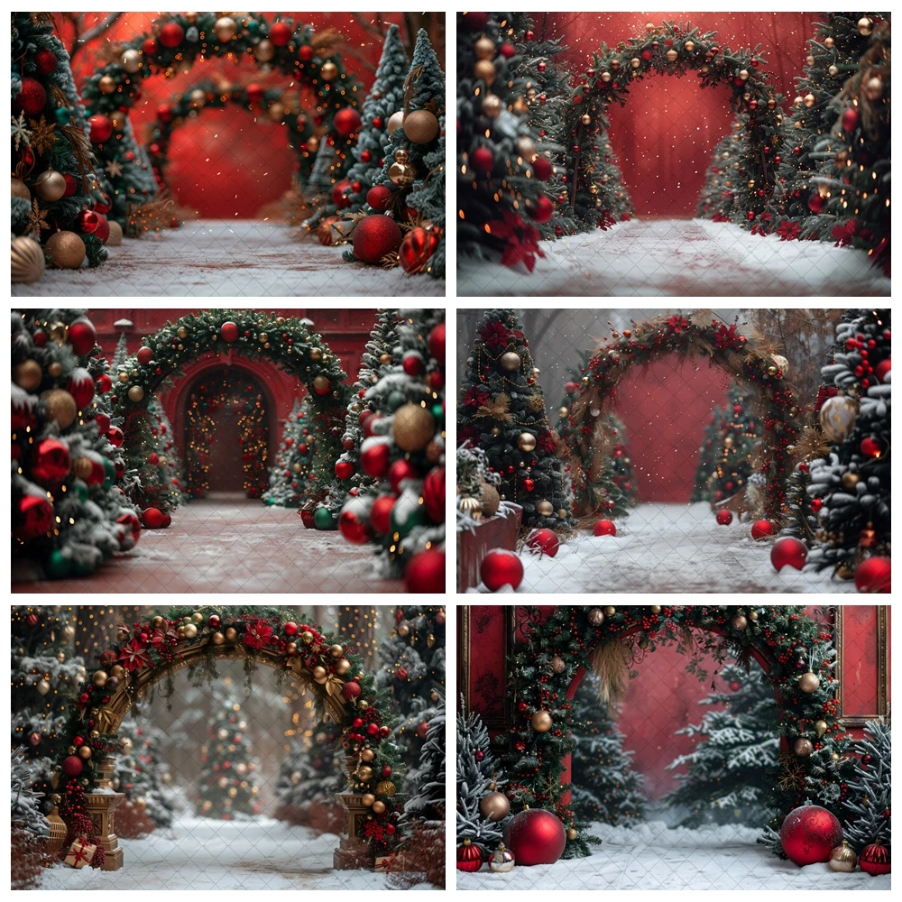 

Red Christmas Background Photography Glitter Xmas Tree Arch Door Snowy Backdrop Winter Kids Birthday Party Studio Props