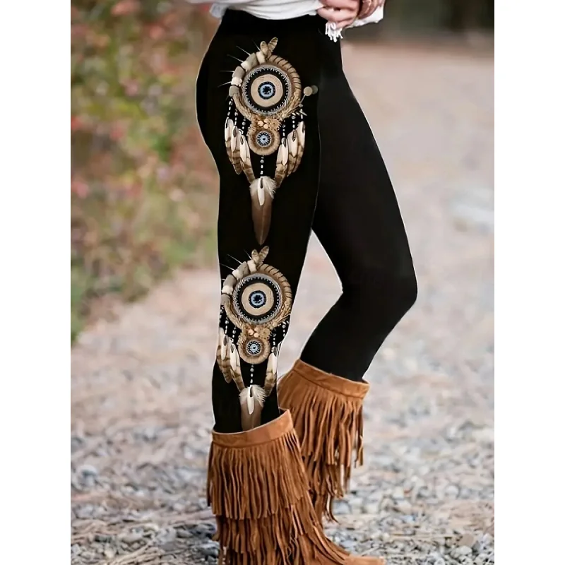 Celana wanita legging nyaman gaya bohemian etnik kasual dengan pinggang elastis motif bulu bernapas nyaman untuk gaya jalanan.
