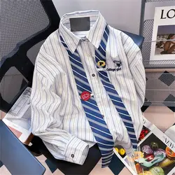 American Retro Long Sleeves Striped Shirt Jacket for Women's Spring Autumn New College Style Loose Slimming Versatile Tie Top