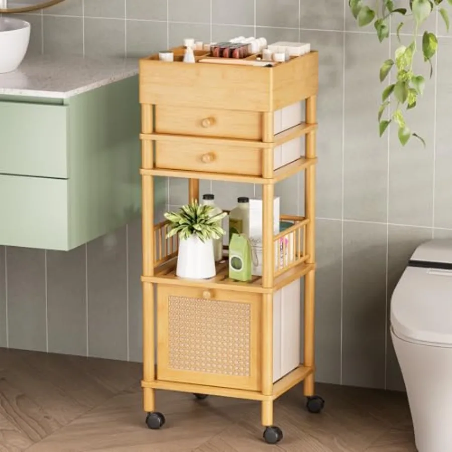 

Bamboo Makeup Organizer Cart with 3 Drawers Floor Skin Care Storage for Bathroom Bedroom Rolling Vanity Organizer Cart for Cosm