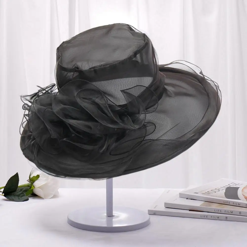 Wedding Guest Hat Elegant Vintage Organza Fascinators Layered Mesh Flower Decor Wide Brim Tea Party Hat for Women for Prom