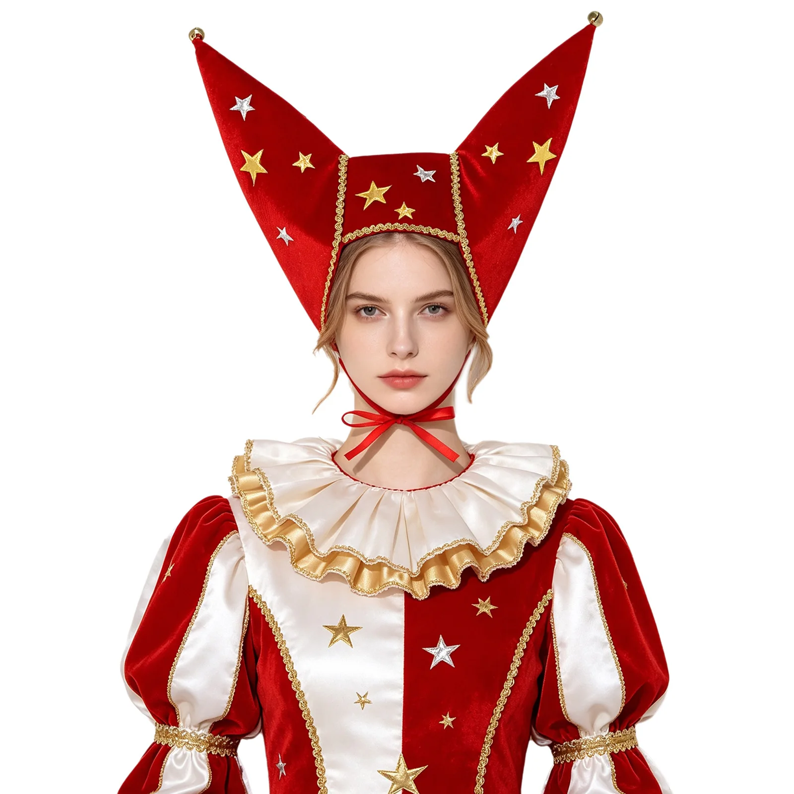 Adults Carnival Circus Costume Accessory Clown Dress-up Hat Metallic Stars Velvet Jester Cap with Bells for Halloween Party 2