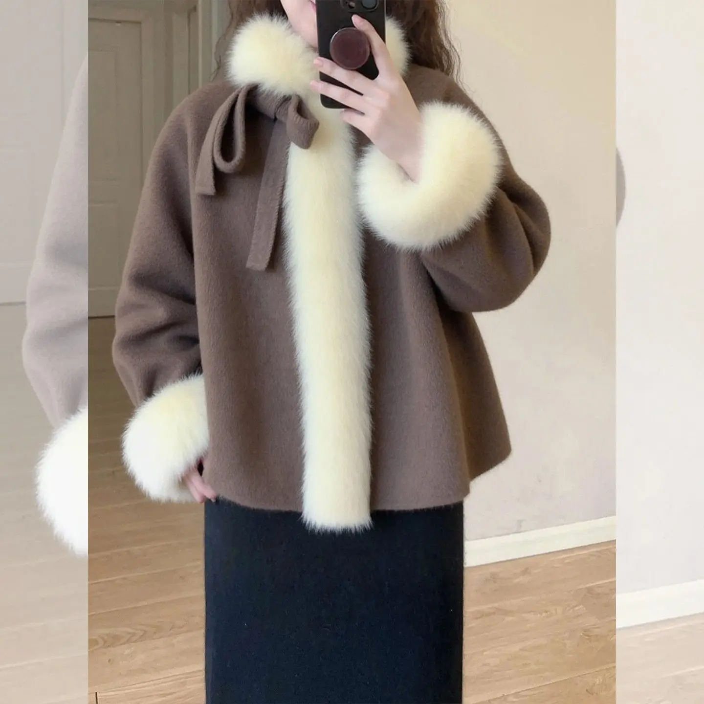 قسط القهوة اللون الفراء طوق شال الرأس معطف الصوف المرأة الخريف والشتاء معطف الصوف القصير الجديد