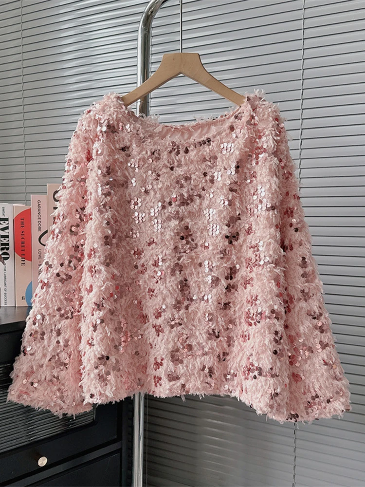 Loose O-neck Sequin Sparkling Knit Pullover Sweater For Women's Splice Long Sleeve Jumper  New Autumn Winter  X810